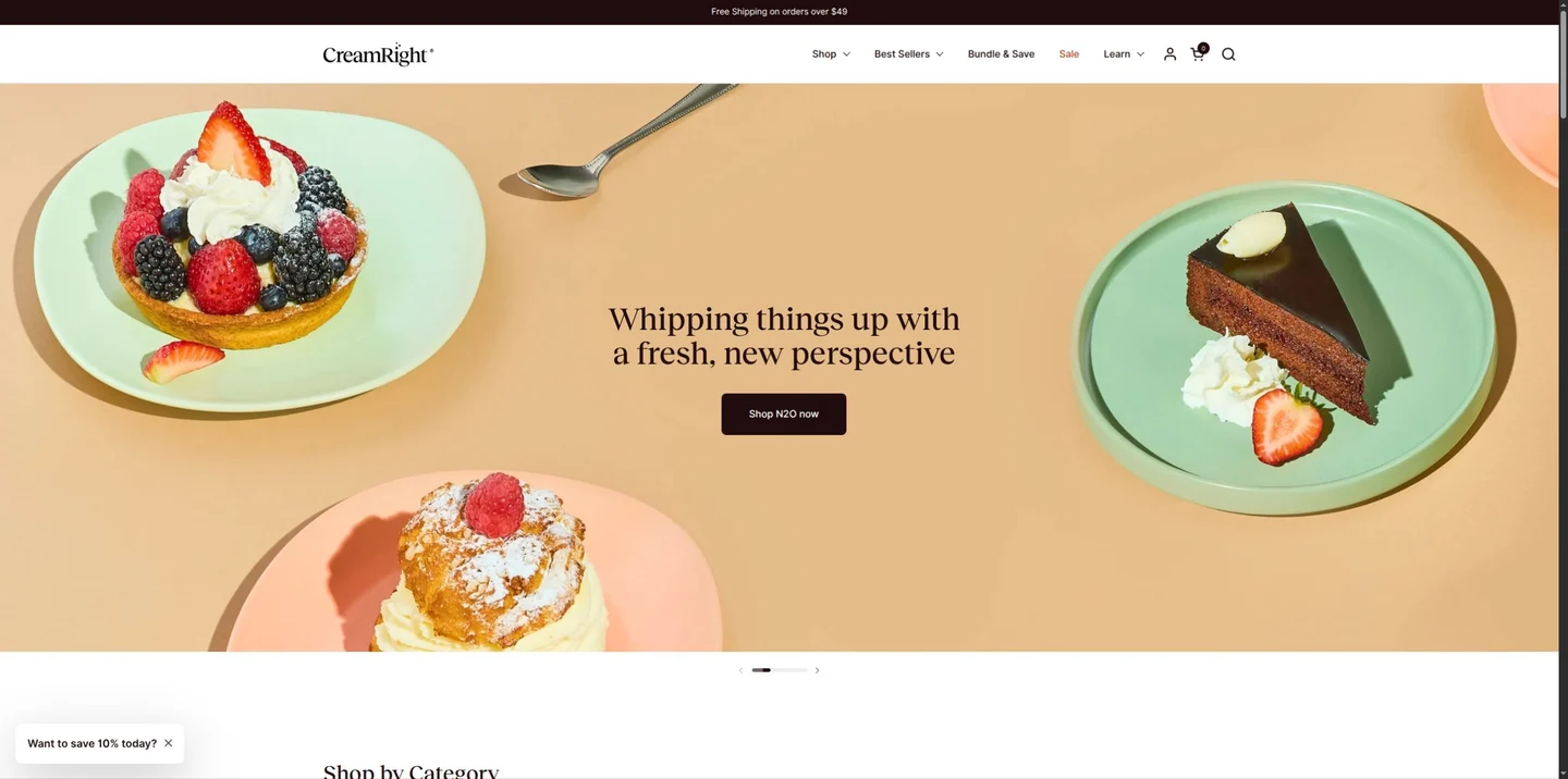 Inicio actual de Cream Right con navegación y banner de productos