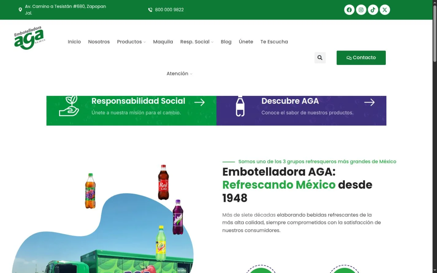 Portada actual del sitio de Embotelladora AGA de Occidente con navegación, información corporativa y productos de bebidas