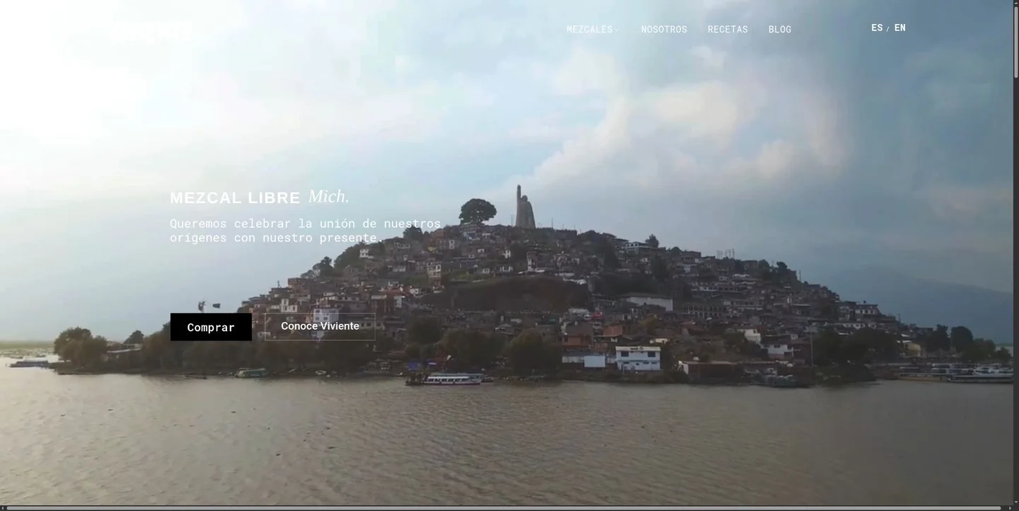 Portada actual de Mezcal Viviente con navegación, selector español e inglés y un fotograma del video de presentación